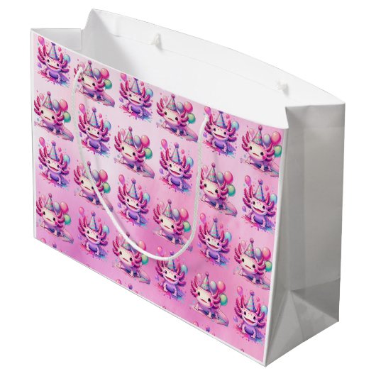 Rosa und Lila Axolotl Girl's Birthday Party Große Geschenktüte (Rückseite Schrägansicht)
