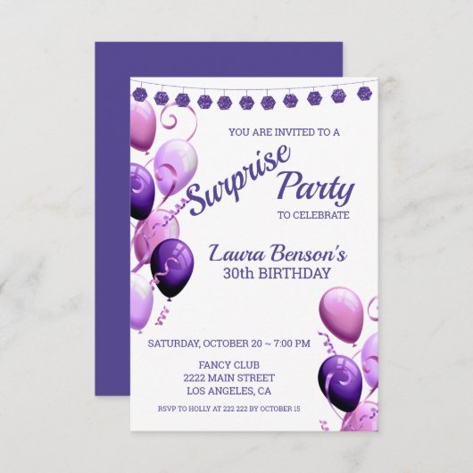 Rosa und Lila Balloons zum Geburtstag Einladung (Vorne/Hinten)