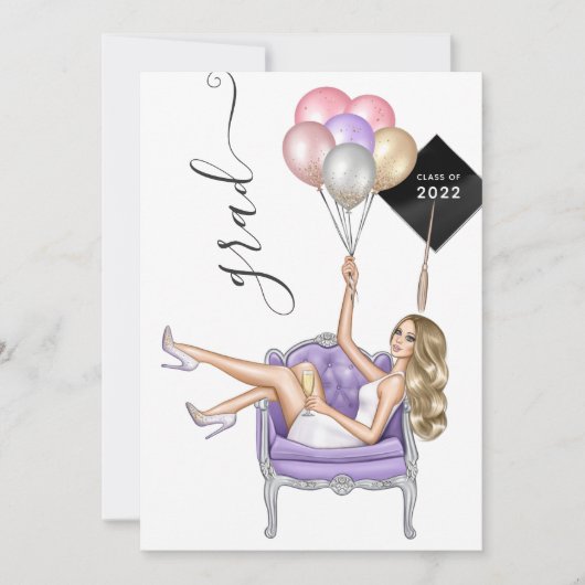 Rosa und Lila Blonde Balloon Girl Abschluss Einladung (Vorderseite)