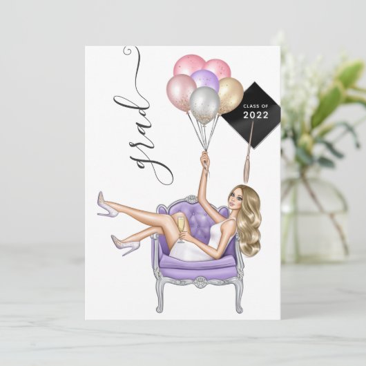 Rosa und Lila Blonde Balloon Girl Abschluss Einladung (Stehend Vorderseite)
