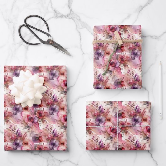 Rosa und Lila Blume Alkohol Tinte Kleine Druckfarb Geschenkpapier Set (Vorderseite)