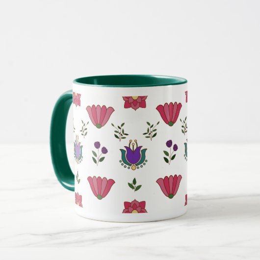 Rosa und Lila Blume der Folklorekunst Tasse (Vorderseite Links)