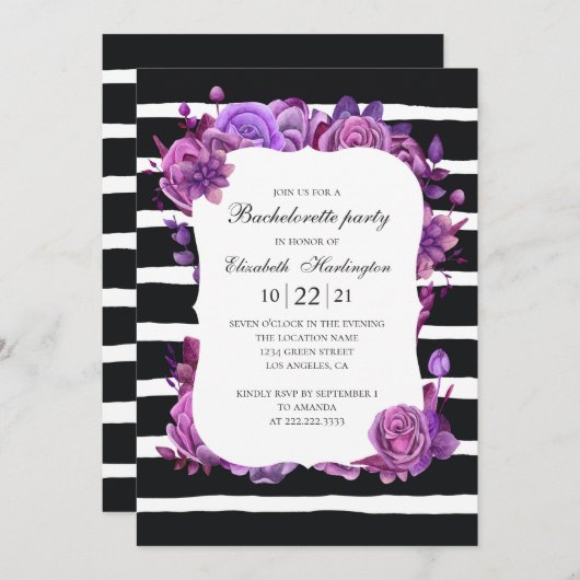 Rosa und lila Blume. Strickter Junggeselinnen-Absc Einladung (Vorne/Hinten)