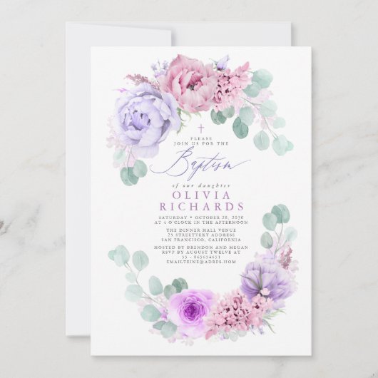 Rosa und lila Blumen Eukalyptus-Taufe Einladung (Vorderseite)