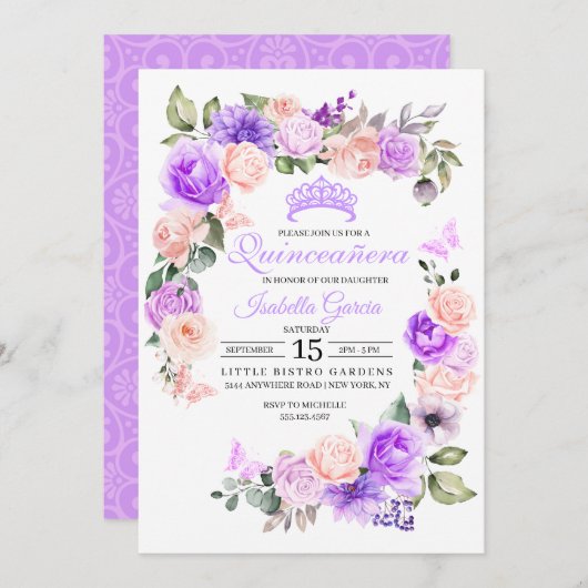 Rosa und Lila Blumenkohle Geburtstag Einladung (Vorne/Hinten)