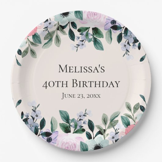 Rosa und Lila Blumenrinde Geburtstag Pappteller (Vorderseite)