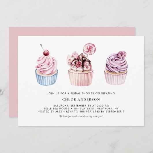 Rosa und Lila Brautparty Cupcakes Einladung (Vorne/Hinten)