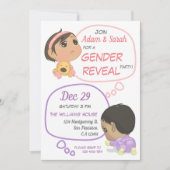 Rosa und Lila Comic Baby-Gender-Bericht Einladung (Vorderseite)