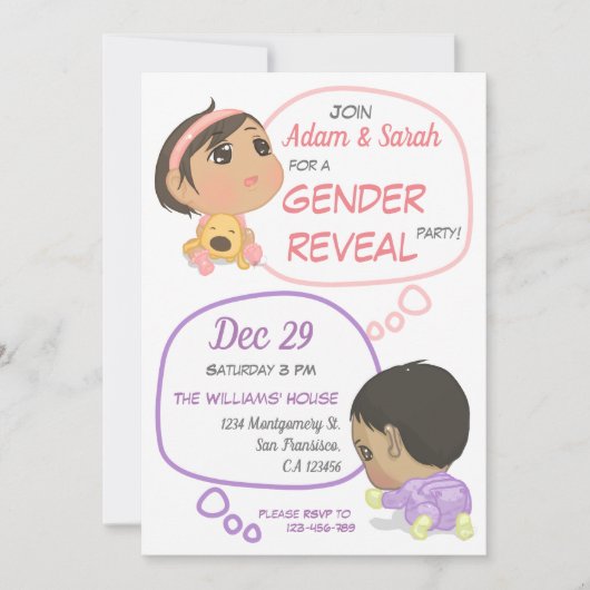 Rosa und Lila Comic Baby-Gender-Bericht Einladung (Vorderseite)