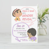 Rosa und Lila Comic Baby-Gender-Bericht Einladung (Stehend Vorderseite)