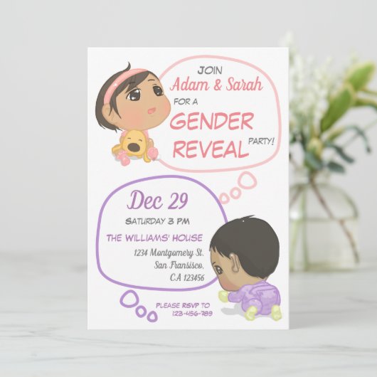 Rosa und Lila Comic Baby-Gender-Bericht Einladung (Stehend Vorderseite)