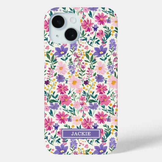 Rosa und lila Ditsy Blumen monogrammiert Case-Mate iPhone Hülle (Rückseite)