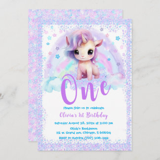 Rosa und Lila Einhorn 1. Geburtstag Einladung