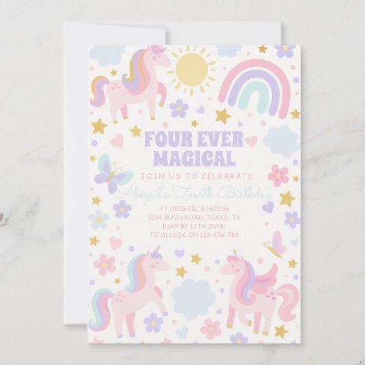 Rosa und Lila Einhorn-Regenbogen-Party laden ein Einladung (Vorderseite)