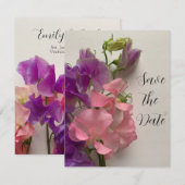 Rosa und lila Erbsen auf Grau Save The Date (Vorne/Hinten)