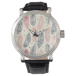Rosa und lila ethnisches Feder-Muster Armbanduhr