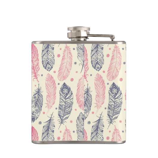 Rosa und lila ethnisches Feder-Muster Flachmann (Rückseite)