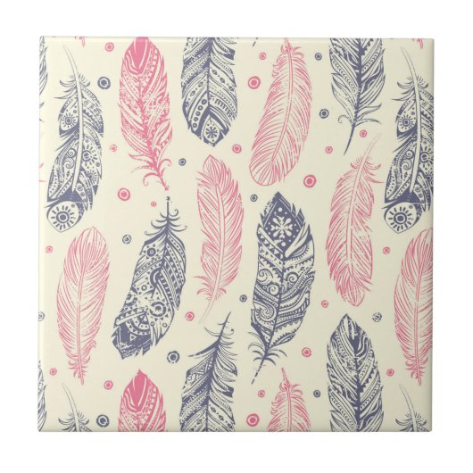 Rosa und lila ethnisches Feder-Muster Fliese (Vorderseite)