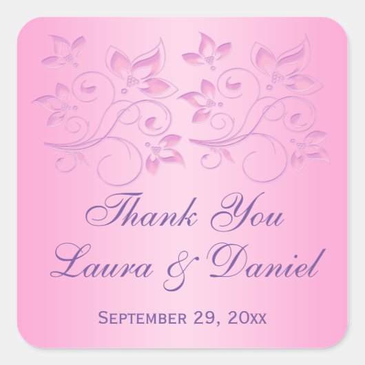 Rosa und Lila florale 1,5" Gastgeschenk Hochzeit A Quadratischer Aufkleber (Vorderseite)