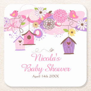 Rosa und lila florale Vogelkäfige Baby Shower Rechteckiger Pappuntersetzer