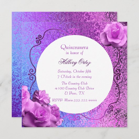 Rosa und Lila Foil Look Quinceanera Einladung (Vorne/Hinten)