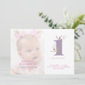 Rosa und Lila Foto 1. Geburtstag Party Einladung (Stehend Vorderseite)