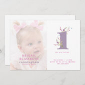 Rosa und Lila Foto 1. Geburtstag Party Einladung (Vorne/Hinten)