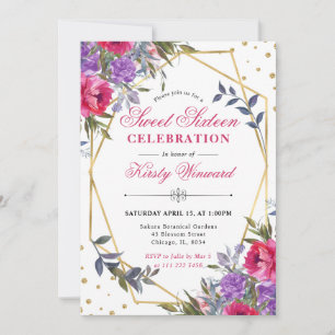 Rosa und lila Frühlingsblumenrahmen Sweet 16 Einladung