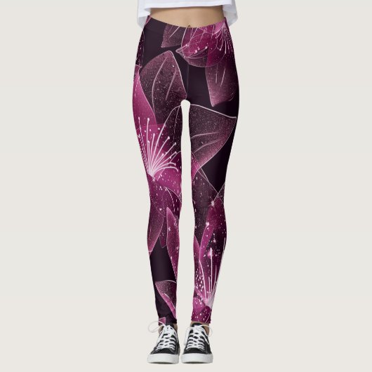 Rosa und Lila funkelnde Blume Leggings (Vorderseite)