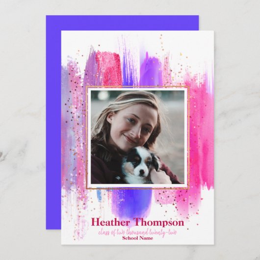Rosa und Lila gestrichene Glitzer Glitzern Abschlu Einladung (Vorne/Hinten)