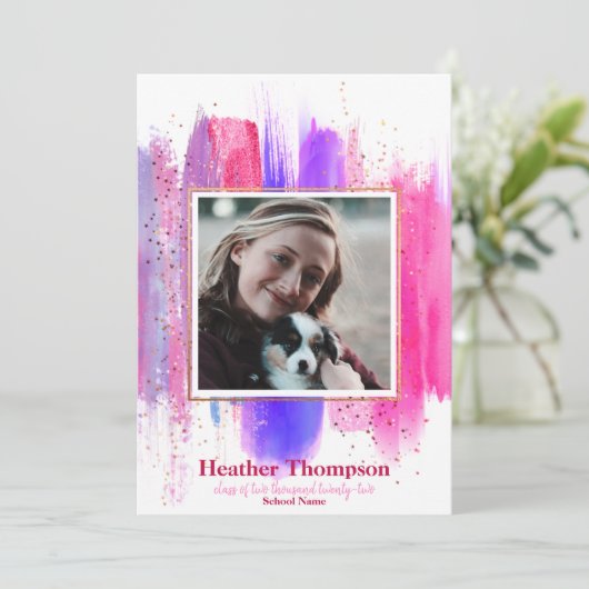 Rosa und Lila gestrichene Glitzer Glitzern Abschlu Einladung (Stehend Vorderseite)
