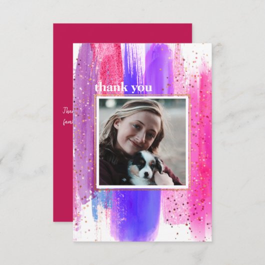 Rosa und Lila Glitzer Abschluss Danke Karte (Vorne/Hinten)
