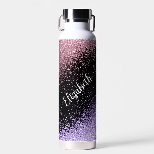 Rosa und Lila Glitzer in Schwarz Trinkflasche (Vorne)