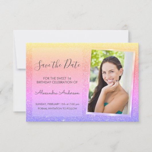 Rosa und Lila Glitzer Sweet 16 Save the Date Einladung (Vorderseite)