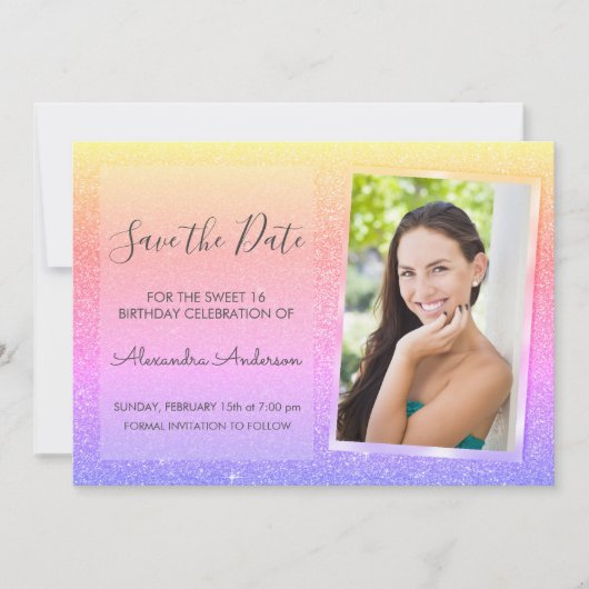 Rosa und Lila Glitzer Sweet 16 Save the Date Einladung (Vorderseite)