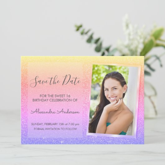 Rosa und Lila Glitzer Sweet 16 Save the Date Einladung (Stehend Vorderseite)