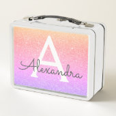 Rosa und Lila Glitzer- und Sparkronmonogramm Metall Brotdose (Rückseite)