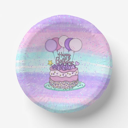 Rosa und Lila Happy Birthday Party Pappteller (Vorderseite)