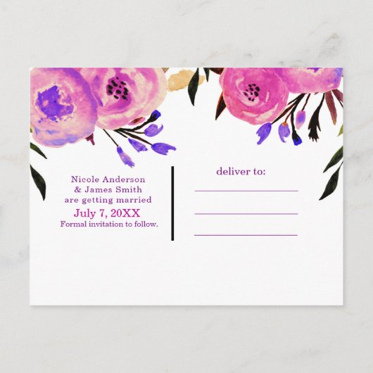 Rosa und Lila hell Moderne Blumenwelt Save the Dat Ankündigungspostkarte (Rückseite)