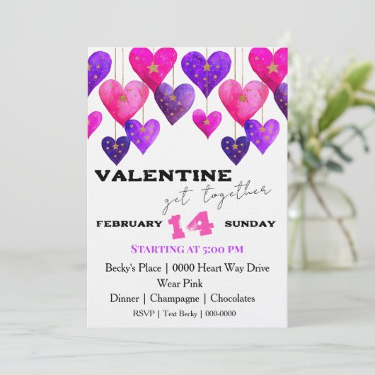 Rosa und lila Herzen Valentinstag Einladung (Stehend Vorderseite)