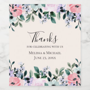 Rosa und Lila Hochzeit mit floralen Wasserfarben Weinetikett