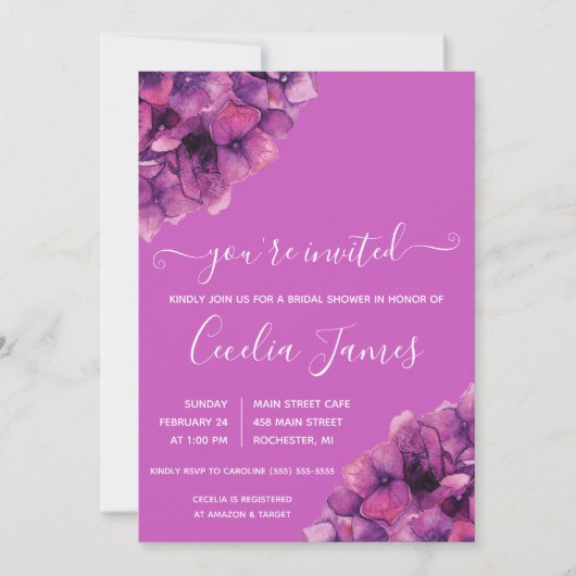 Rosa und Lila Hydrangea Bridal Dusche Einladung (Vorderseite)