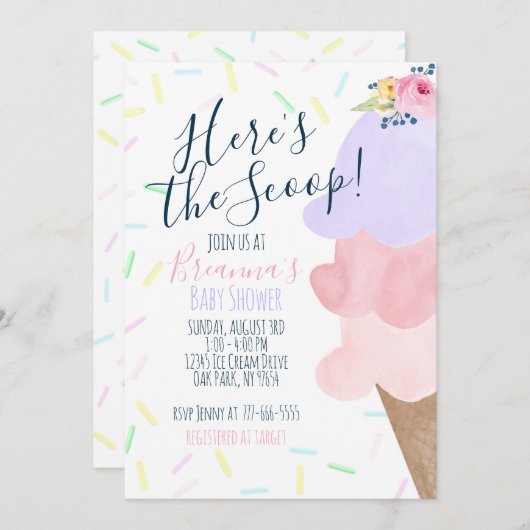 Rosa und Lila Ice Creme Cone Babydusche Einladung (Vorne/Hinten)