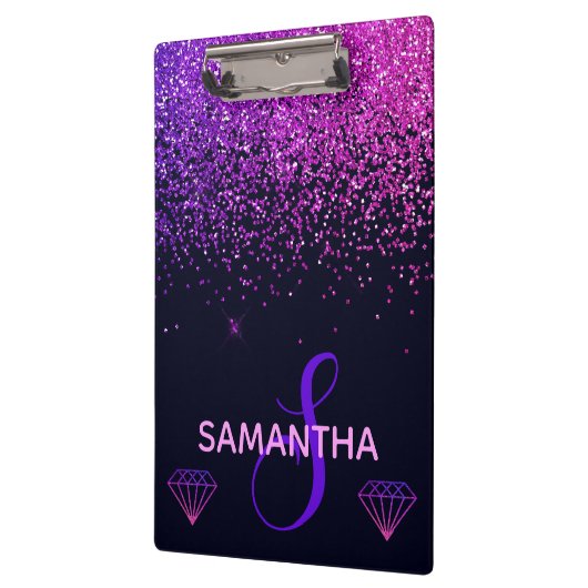Rosa und Lila Imitat Glitzer & Diamonds Monogram Klemmbrett (Links)