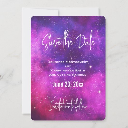Rosa und Lila Imitate "Space & Stars" Galaxie Save The Date (Vorderseite)