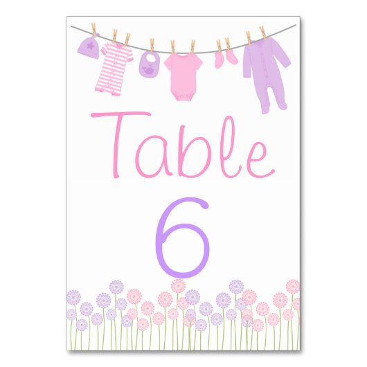 Rosa und Lila Kleine Kleiderdusche Tischkarte Tischnummer (Vorderseite)