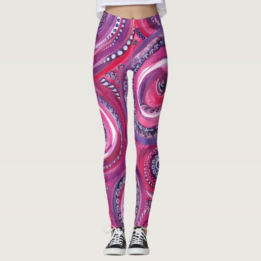 Rosa und Lila Kreise und Wirbel Originale Kunst Leggings (Vorderseite)