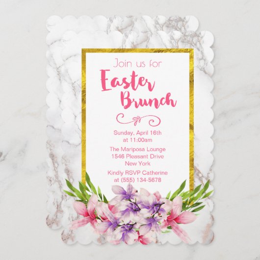 Rosa und Lila Magnolien auf Marmorfest Einladung (Vorne/Hinten)