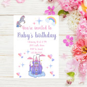 Rosa und lila Märchenburg und Einhorn Einladung