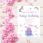 Rosa und lila Märchenburg und Einhorn Einladung